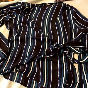 Express black and green striped blouse. Ties in front